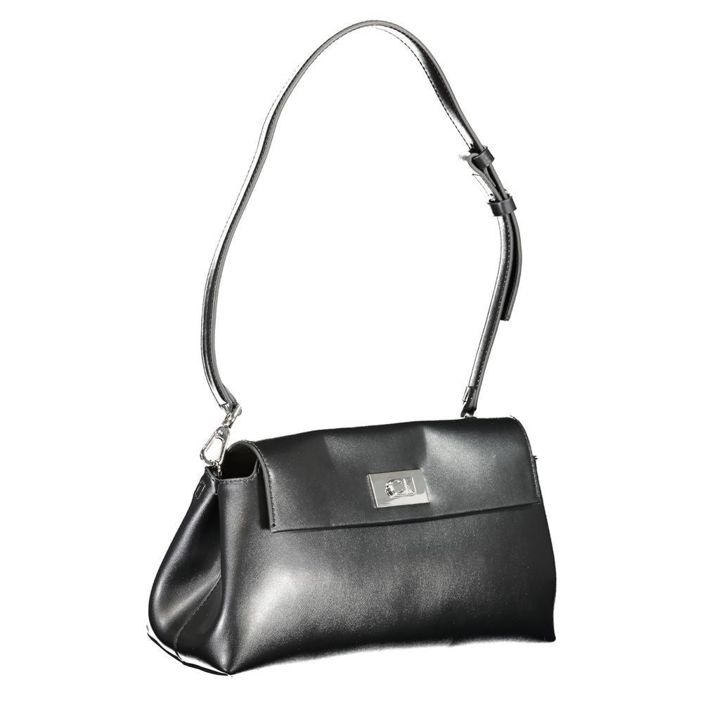 Calvin Klein Black Polyester Handbag with adjustable strap and snap closure, featuring logo and internal pocket, made of 50% recycled material.