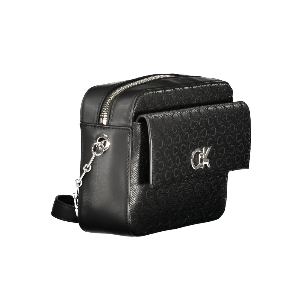 Calvin Klein Black Polyester Handbag with logo and zip closure, featuring external and internal pockets, made from recycled polyester.
