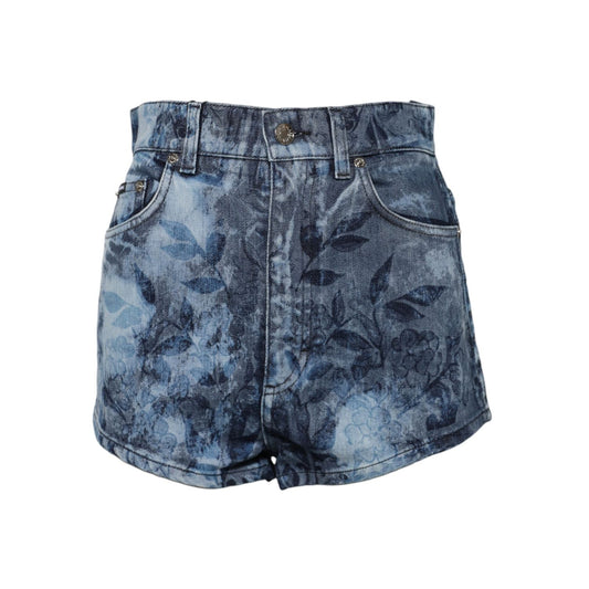 Dolce & Gabbana Blue Floral Print Denim Cotton Hot Pants Shorts