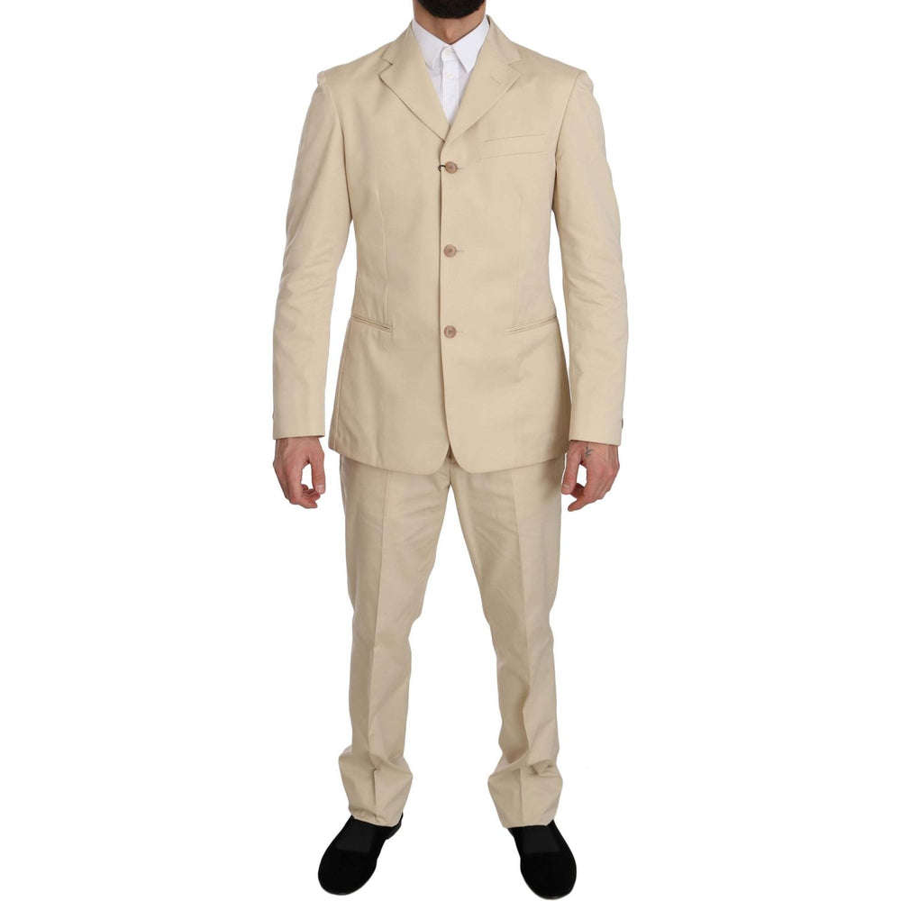 Romeo Gigli Two Piece 3 Button Beige Cotton Solid Suit KOS1441-46
