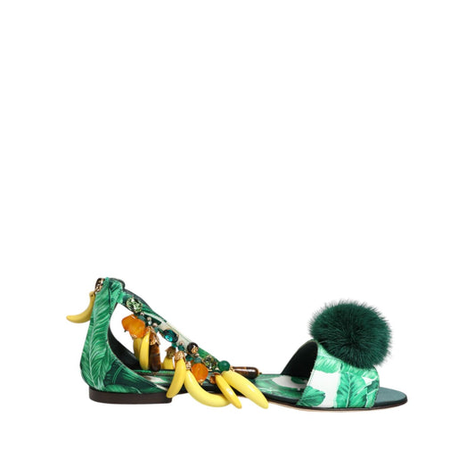 Dolce & Gabbana Green Mink Fur Satin Banana Leaf Sandals Shoes