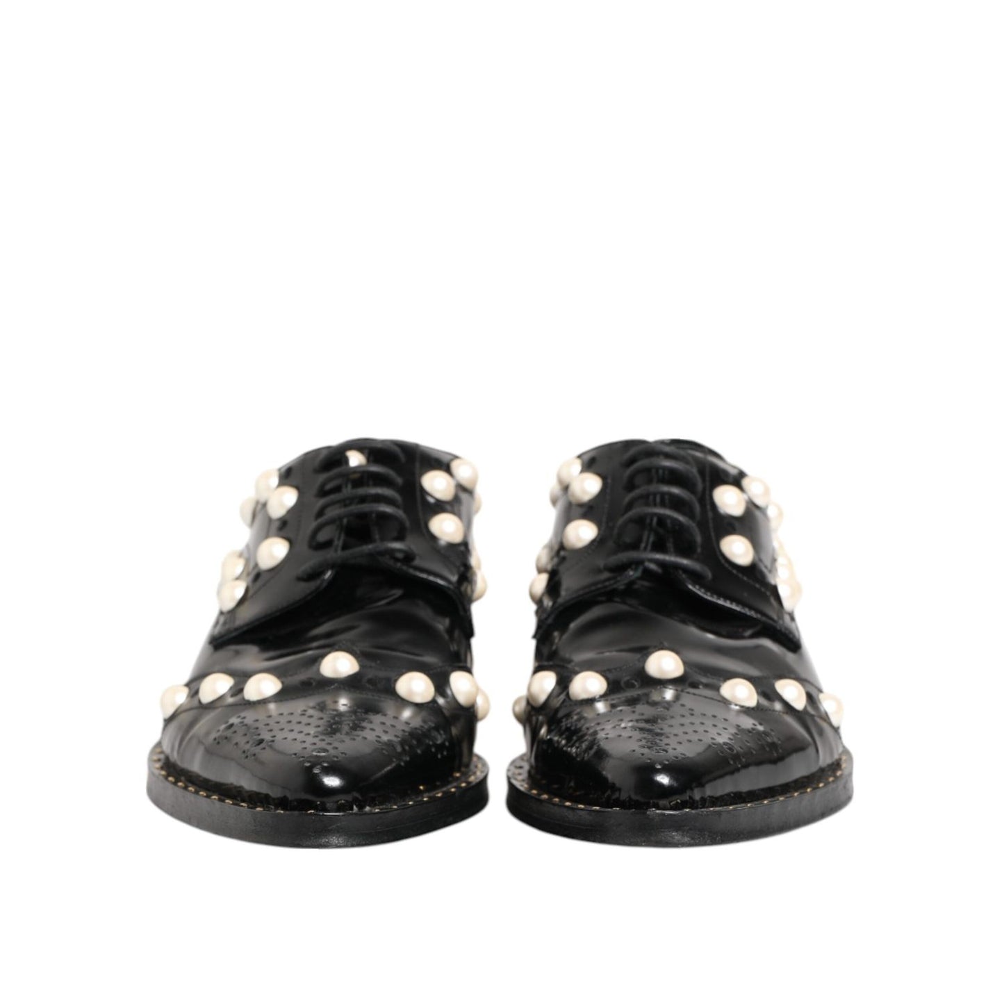 Dolce & Gabbana Black Leather Faux Pearl Dress Broque Shoes LA12823-39