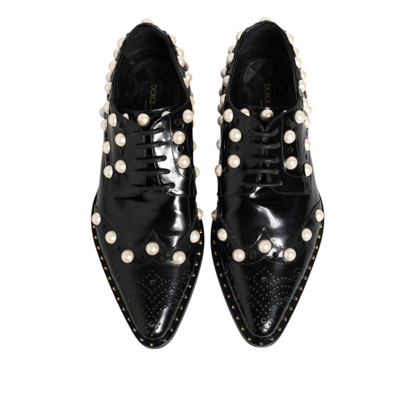 Dolce & Gabbana Black Leather Faux Pearl Dress Broque Shoes LA12823-39