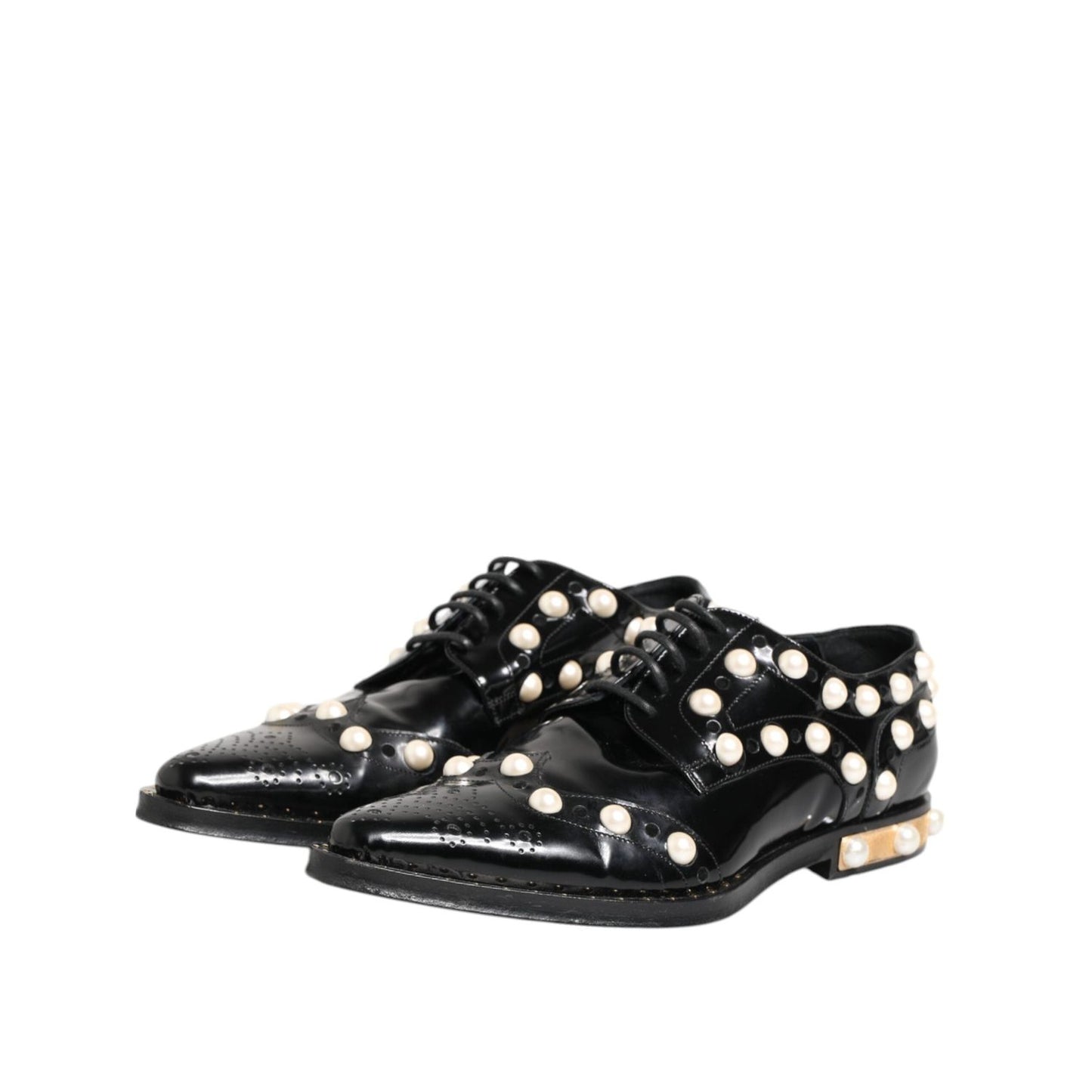 Dolce & Gabbana Black Leather Faux Pearl Dress Broque Shoes LA12823-39