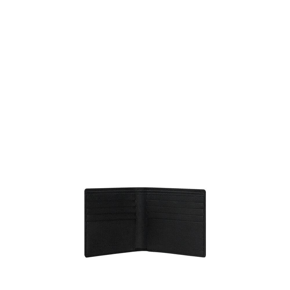 Saint Laurent Black Calf Leather Bos Taurus Wallet with billfold design and interior card slots, grained texture, and brand signature.
