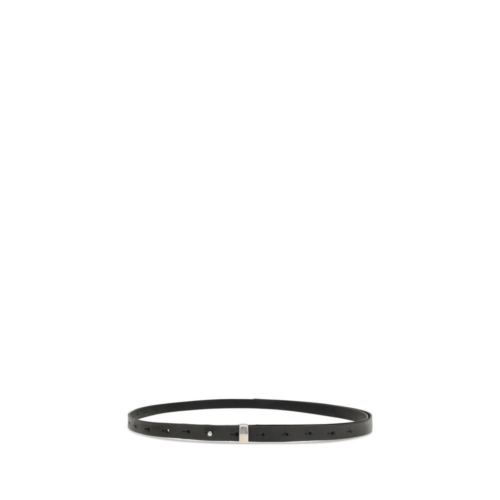 Undercover Black Leather Thin Belt with silver mini buckle, adjustable fit, minimal design, 100% leather for contemporary style.