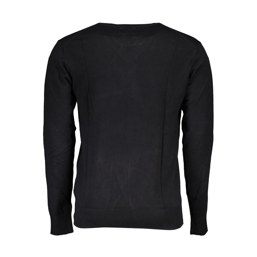 Gianmarco Venturi Black Viscose Sweater with long sleeves, V-neck, embroidery, and logo on display.