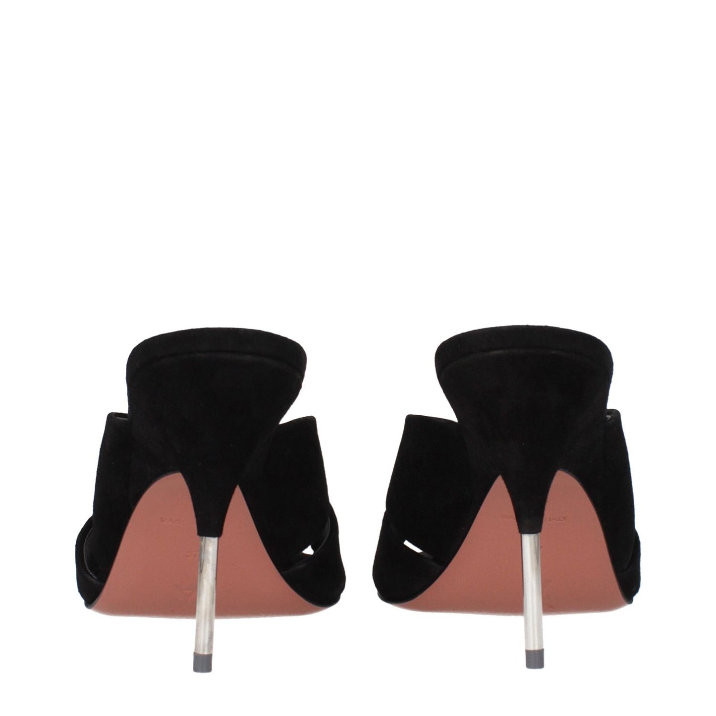 Amina Muaddi Black Leather Stiletto Heel Sandals, rear view showcasing sleek design, suede finish, and high stiletto heels.