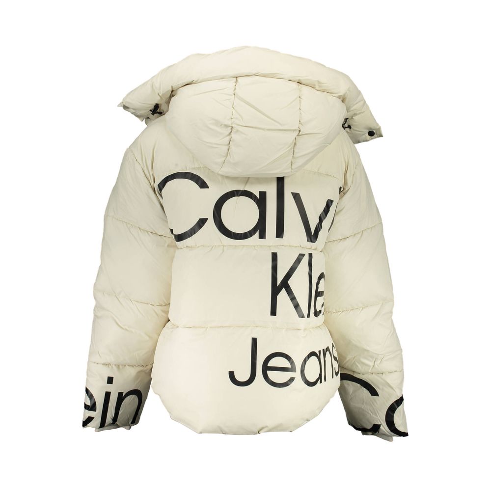 Calvin Klein Beige Polyester Jackets & Coat with removable hood, zip closure, contrasting details, and logo design made from recycled materials.