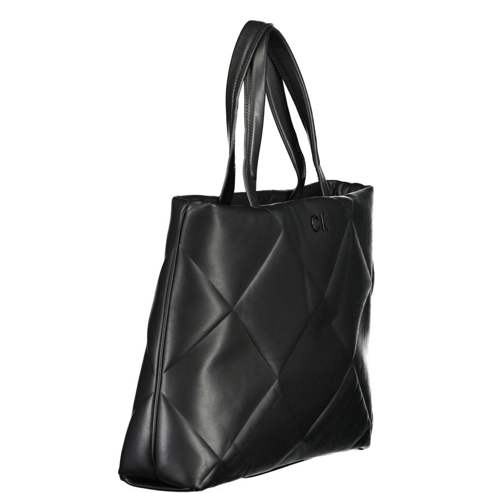 Calvin Klein Black Cotton Handbag with drawstring closure, two handles, and internal document pockets featuring contrasting details.