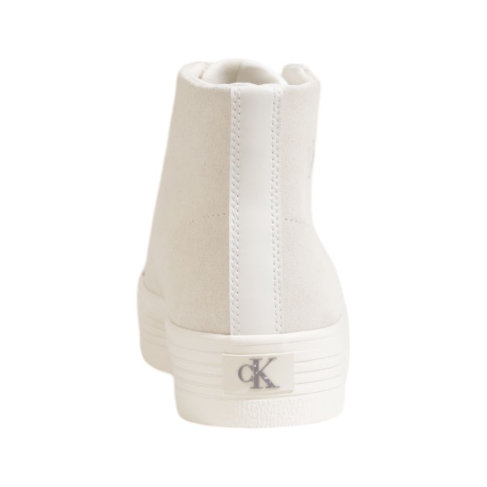 Back view of Calvin Klein Jeans Beige Suede Leather Platform Sneakers with 'cK' logo on sole.