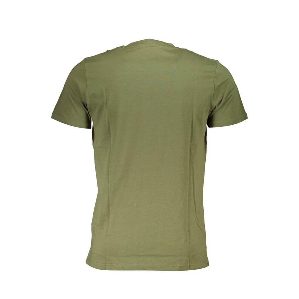 Back view of the Cavalli Class Green Cotton T-Shirt with short sleeves and round neck design.
