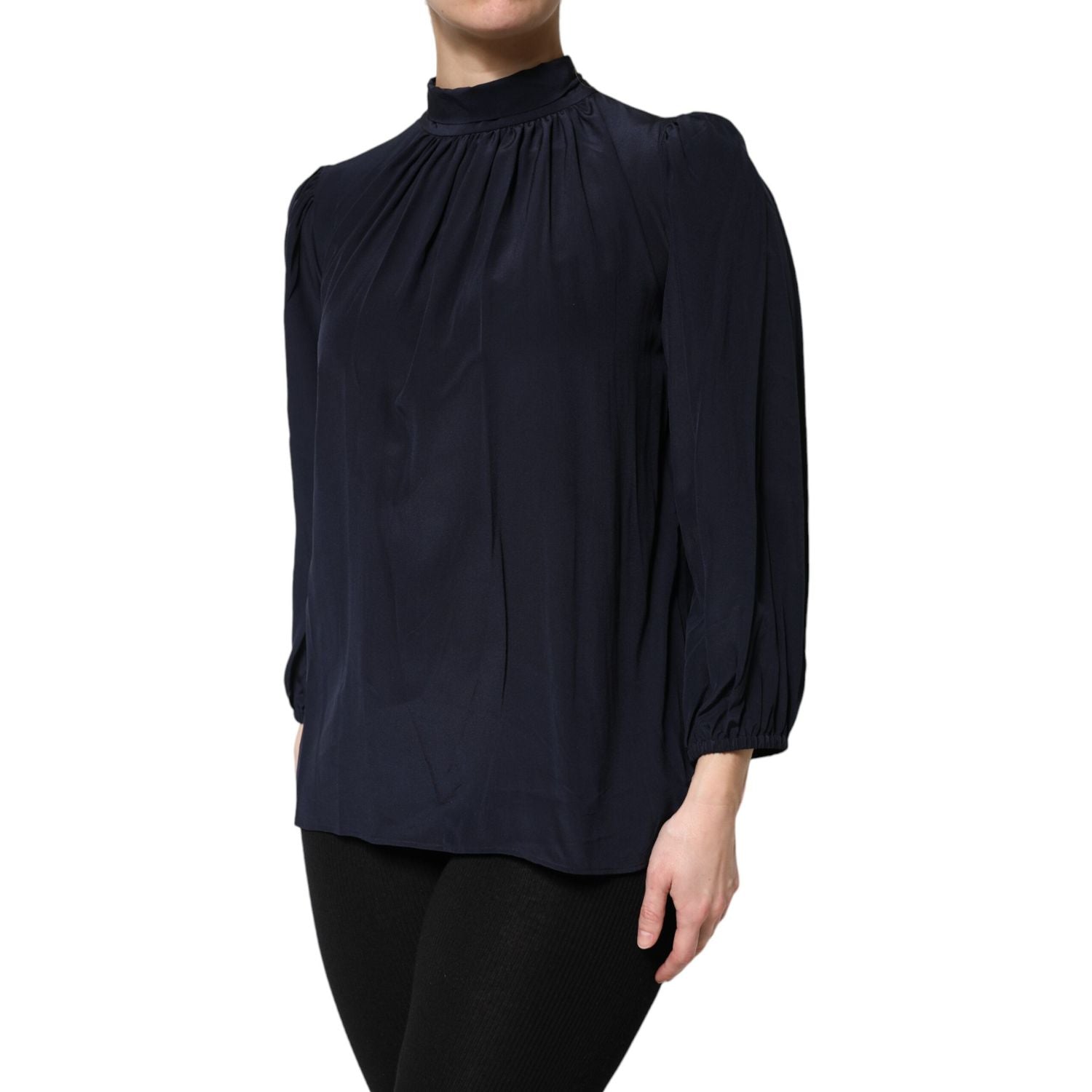 Dolce & Gabbana Blue Silk Mock Neck Long Sleeves Blouse Top