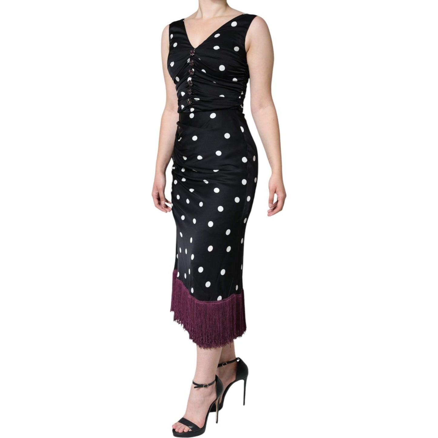 Dolce & Gabbana Black Silk Polka Dot V-neck Tassel Midi Dress DR281253-42
