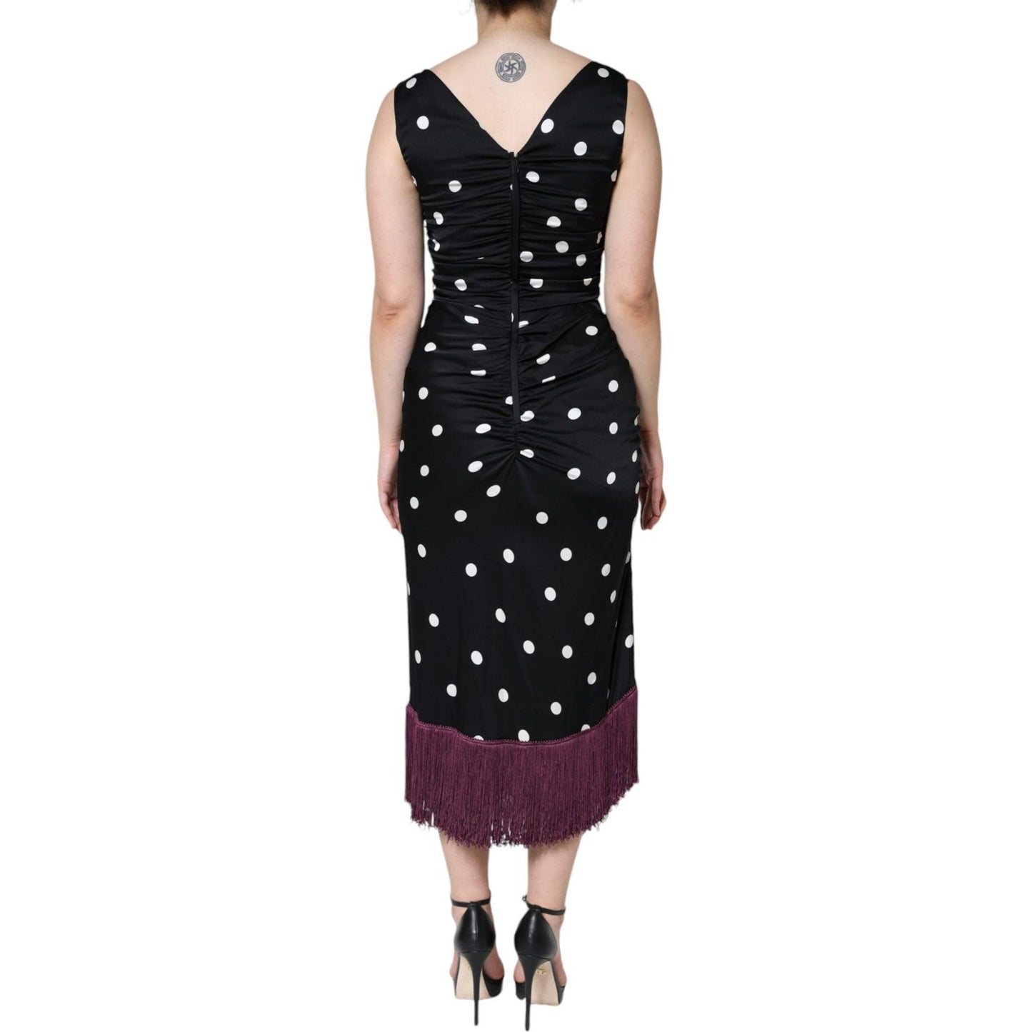 Dolce & Gabbana Black Silk Polka Dot V-neck Tassel Midi Dress DR281253-42