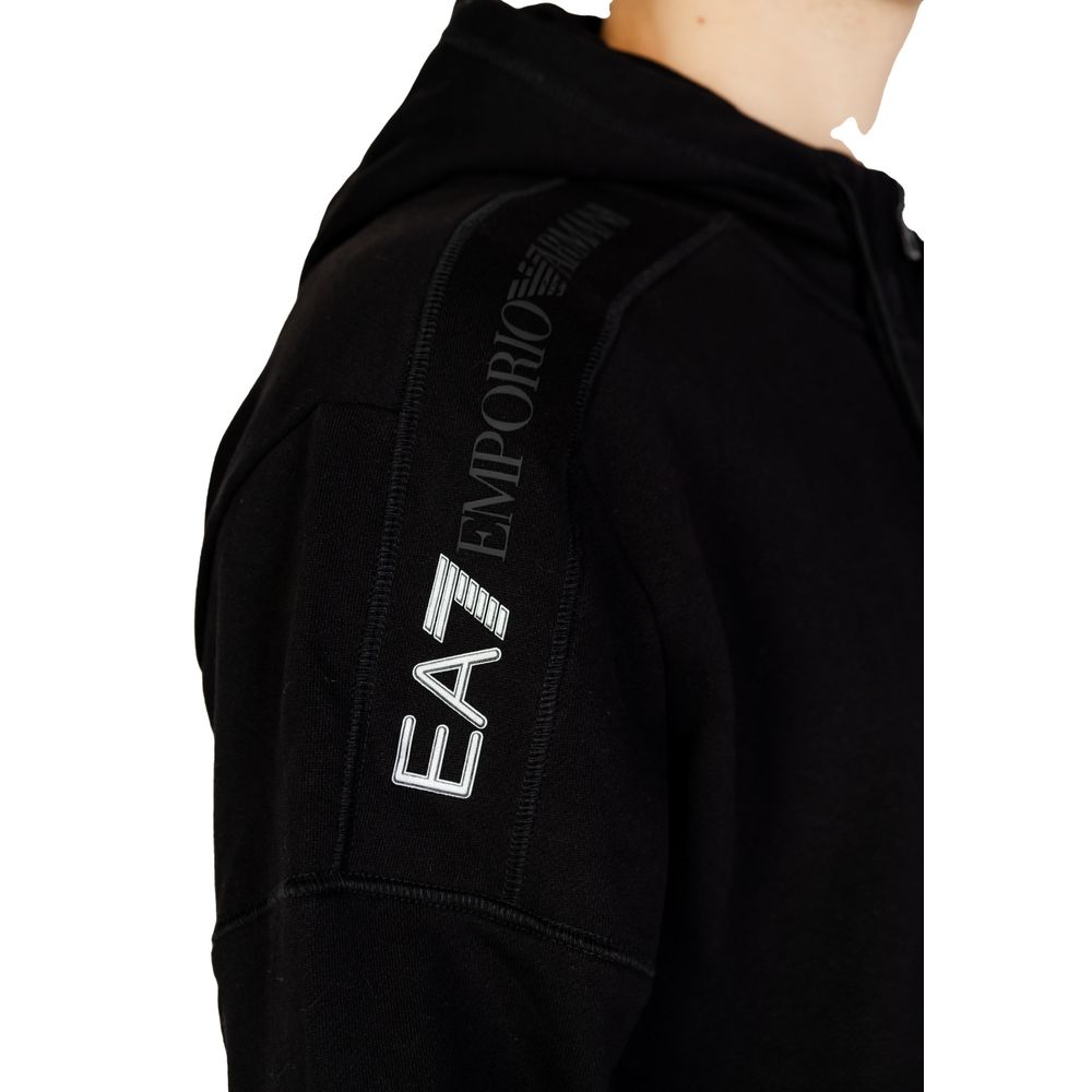 Close-up of EA7 Emporio Armani Black Cotton Hoodie showcasing logo on sleeve, highlighting fashionable and versatile design.