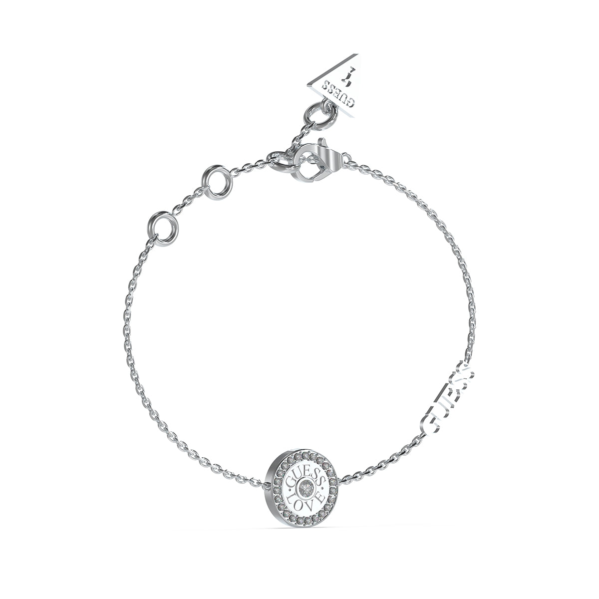 GUESS JEWELS JEWELRY Mod. JUBB04082JWRHS: Elegant silver bracelet with logo charm and detailed clasp.