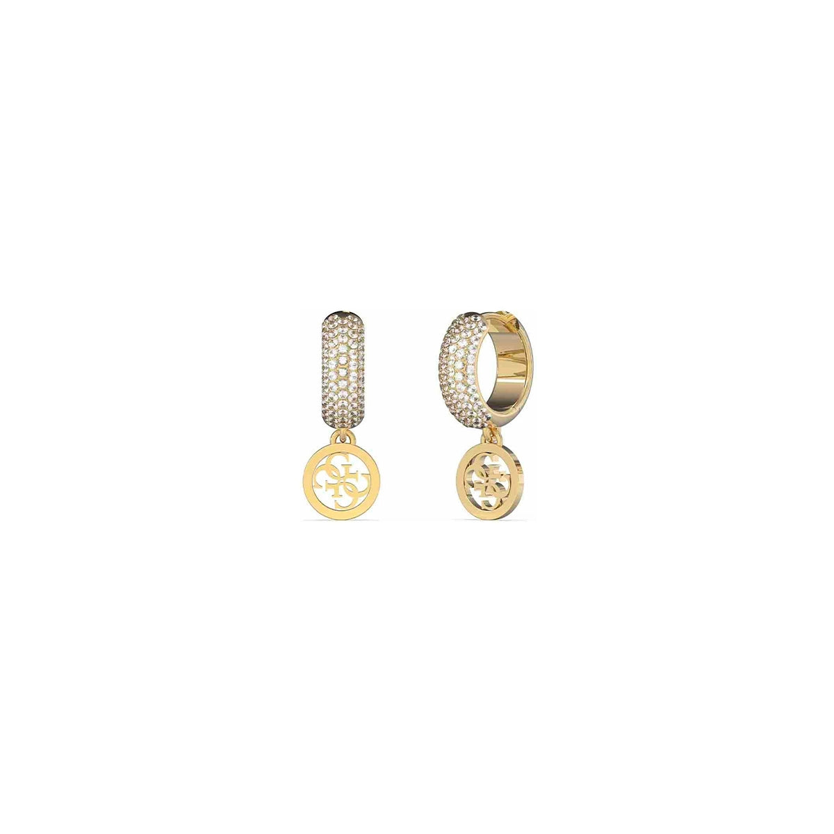 Alt Tag: GUESS JEWELS JEWELRY Mod. JUBE03301JWYGT-U gold earrings with crystal accents and circular charms