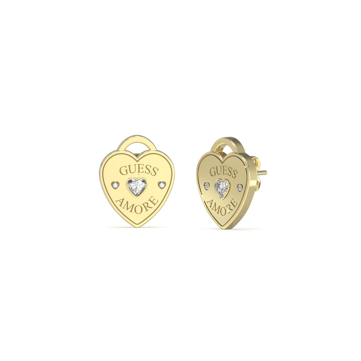 Gold heart-shaped earrings with crystals, labeled Guess Amore, part of GUESS JEWELS JEWELRY Mod. JUBE05058JWYGT-U collection.