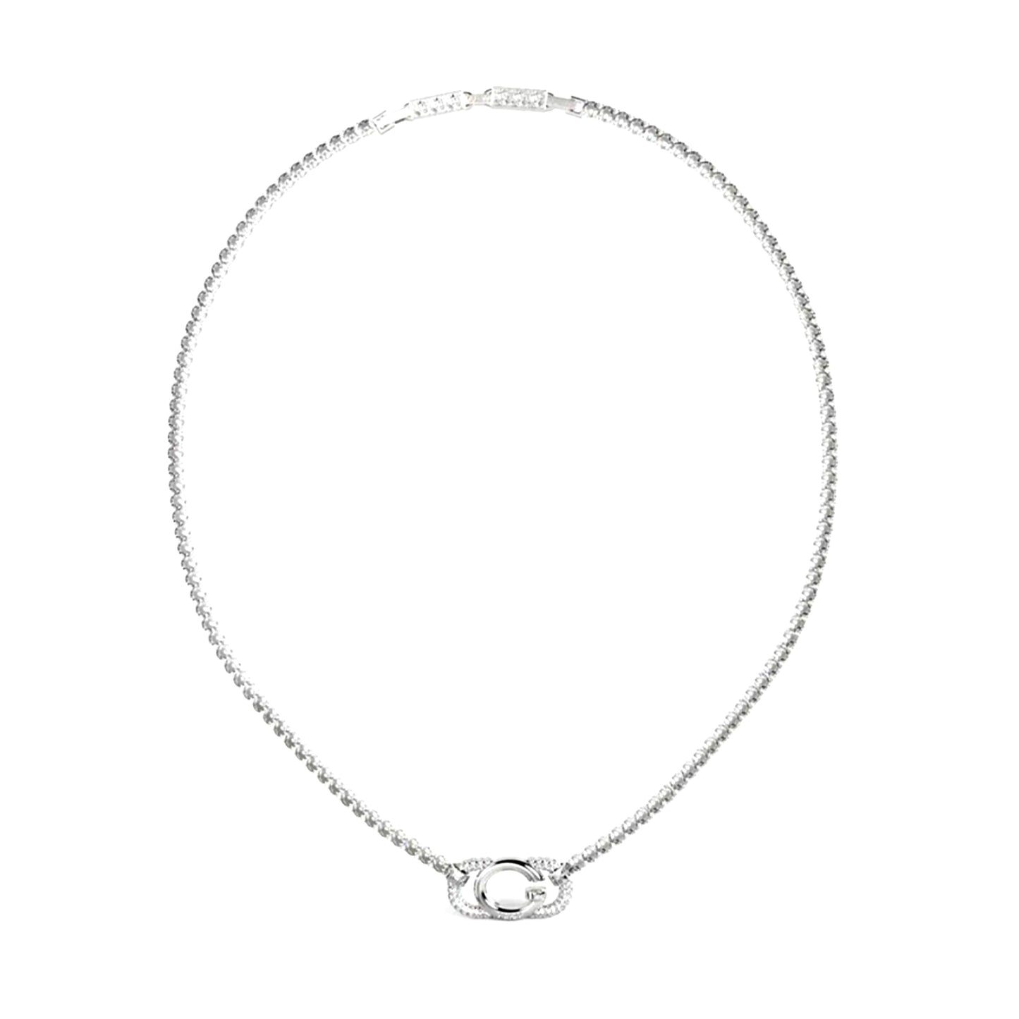 Alt Tag: GUESS JEWELS JEWELRY Mod. JUBN04506JWRHT-U silver necklace with signature clasp on white background