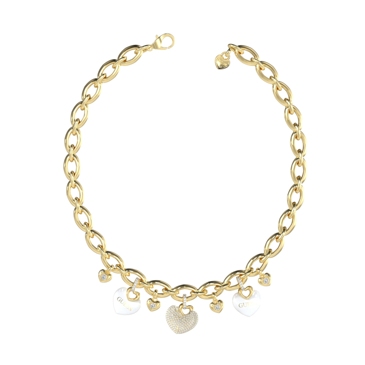 GUESS JEWELS JEWELRY Mod. JUBN05203JWYGWHT-U heart charm gold bracelet on white background