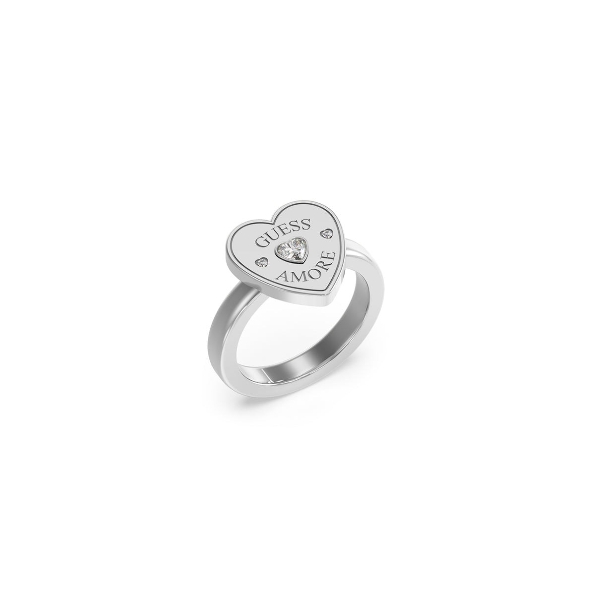 GUESS JEWELS JEWELRY Mod. JUBR05059JWRH54 silver heart ring with 'Amore' engraving and crystal detail.