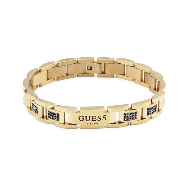 GUESS JEWELS JEWELRY Mod. JUMB01342JWYGBKT-U gold bracelet with black stone accents and branded logo on a white background