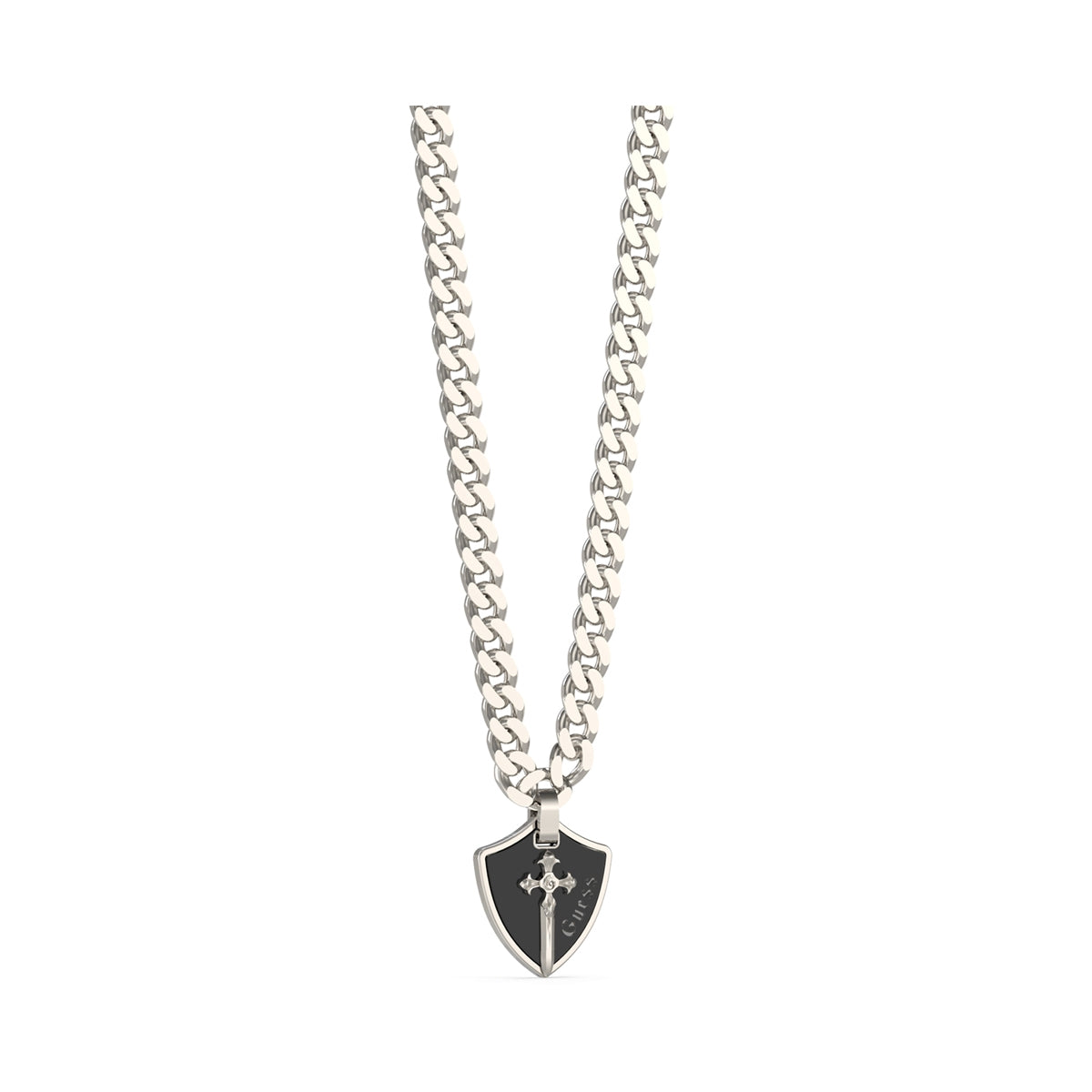 GUESS JEWELS JEWELRY Mod. JUMN04019JWSTBKT-U necklace with shield pendant on white background