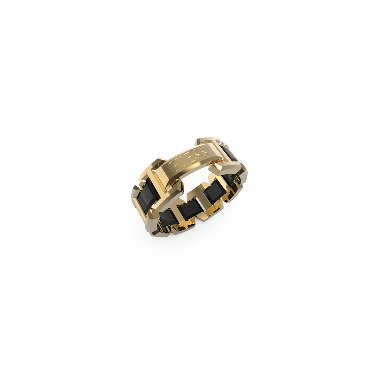 Stylish ring from GUESS JEWELS JEWELRY Mod. JUMR04031JWYGBK66 with gold and black design.