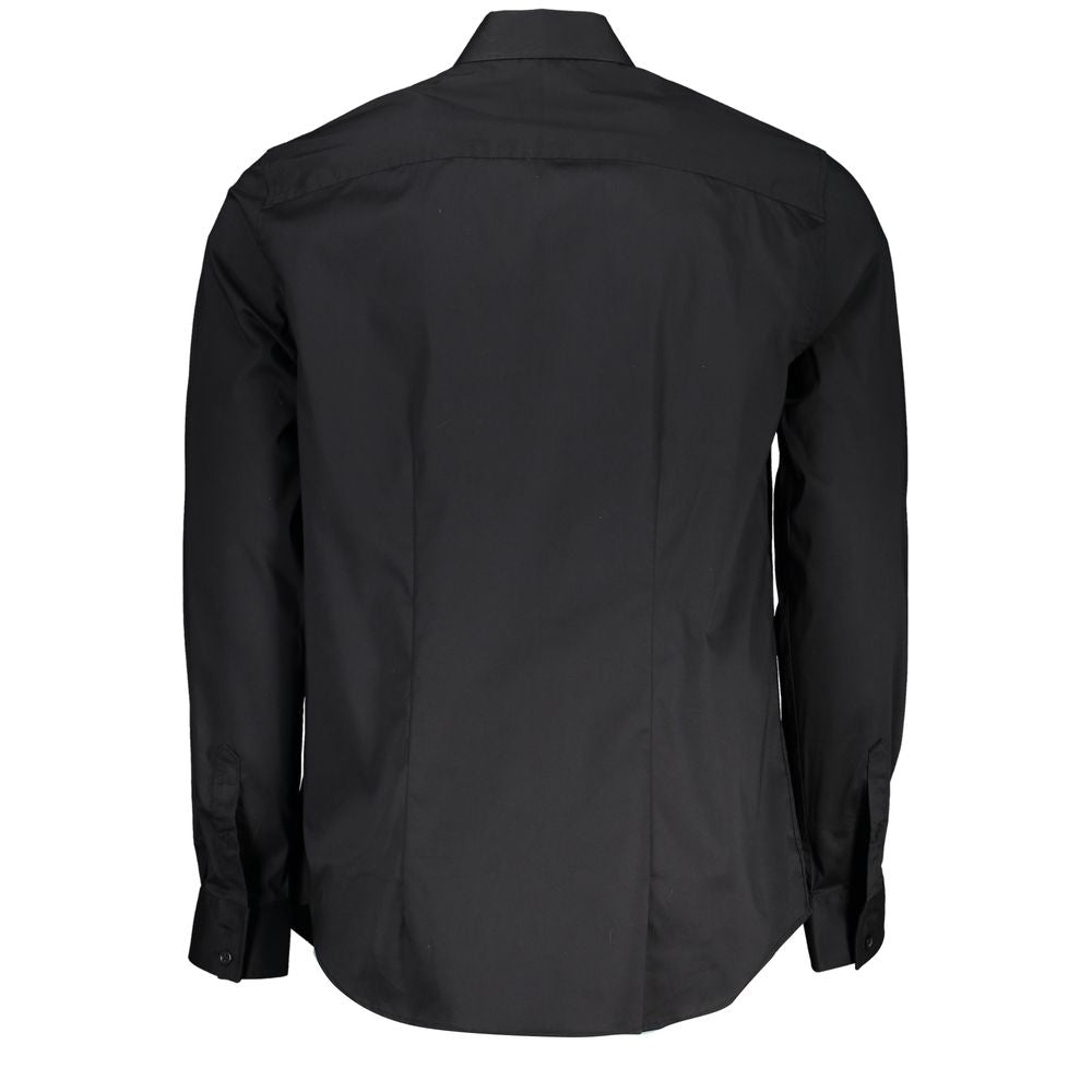 Back view of Guess Jeans Black Cotton Shirt with long sleeves, slim fit, Italian collar, organic cotton material.