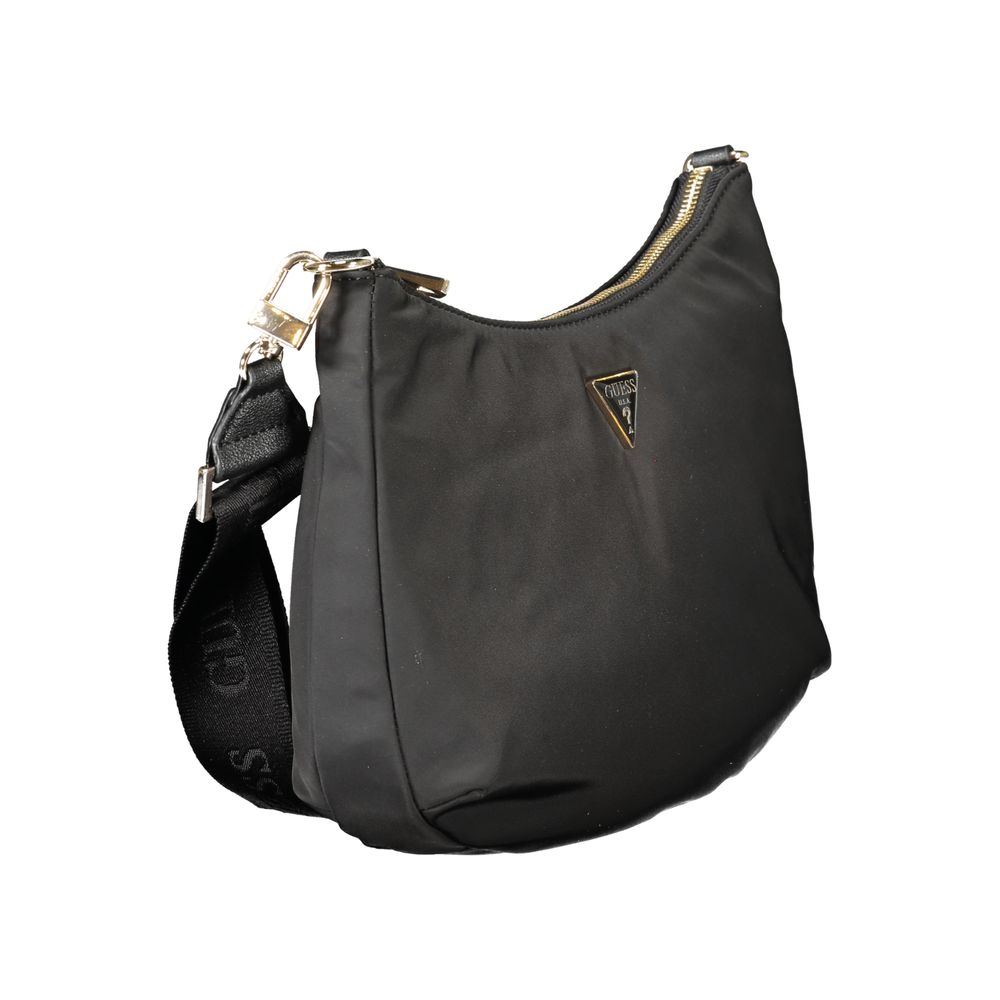Guess Jeans Black Polyester Handbag with adjustable strap and logo, featuring eco-friendly materials and zip closure.