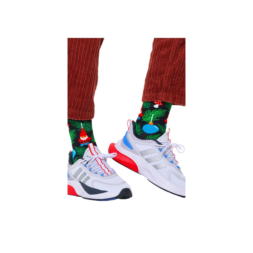 Happy Socks Black Cotton Socks featuring Christmas tree decoration pattern with baubles and mushrooms, adding festive flair to winter outfits.