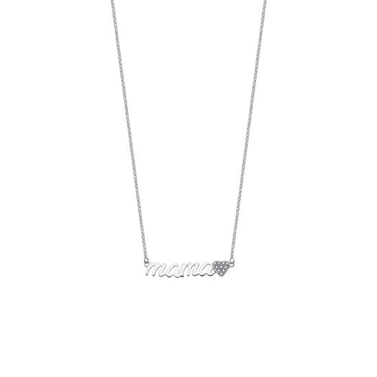 Silver necklace with 'mama' pendant featuring a small diamond heart design.