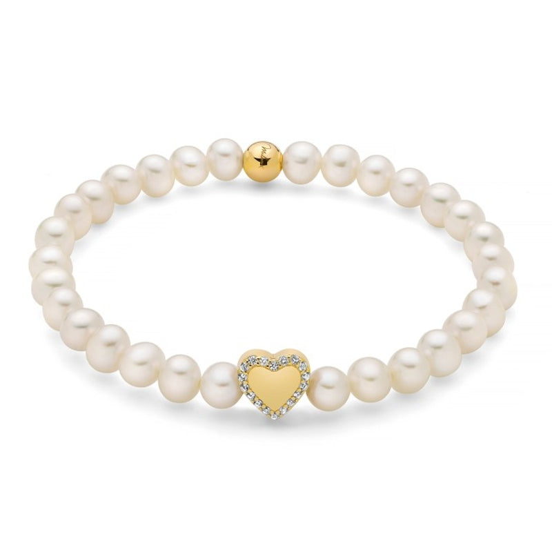 Elegant MILUNA Mod. PBR3505G-TPZ pearl bracelet with heart-shaped gold and diamond accent, showcasing exquisite craftsmanship.
