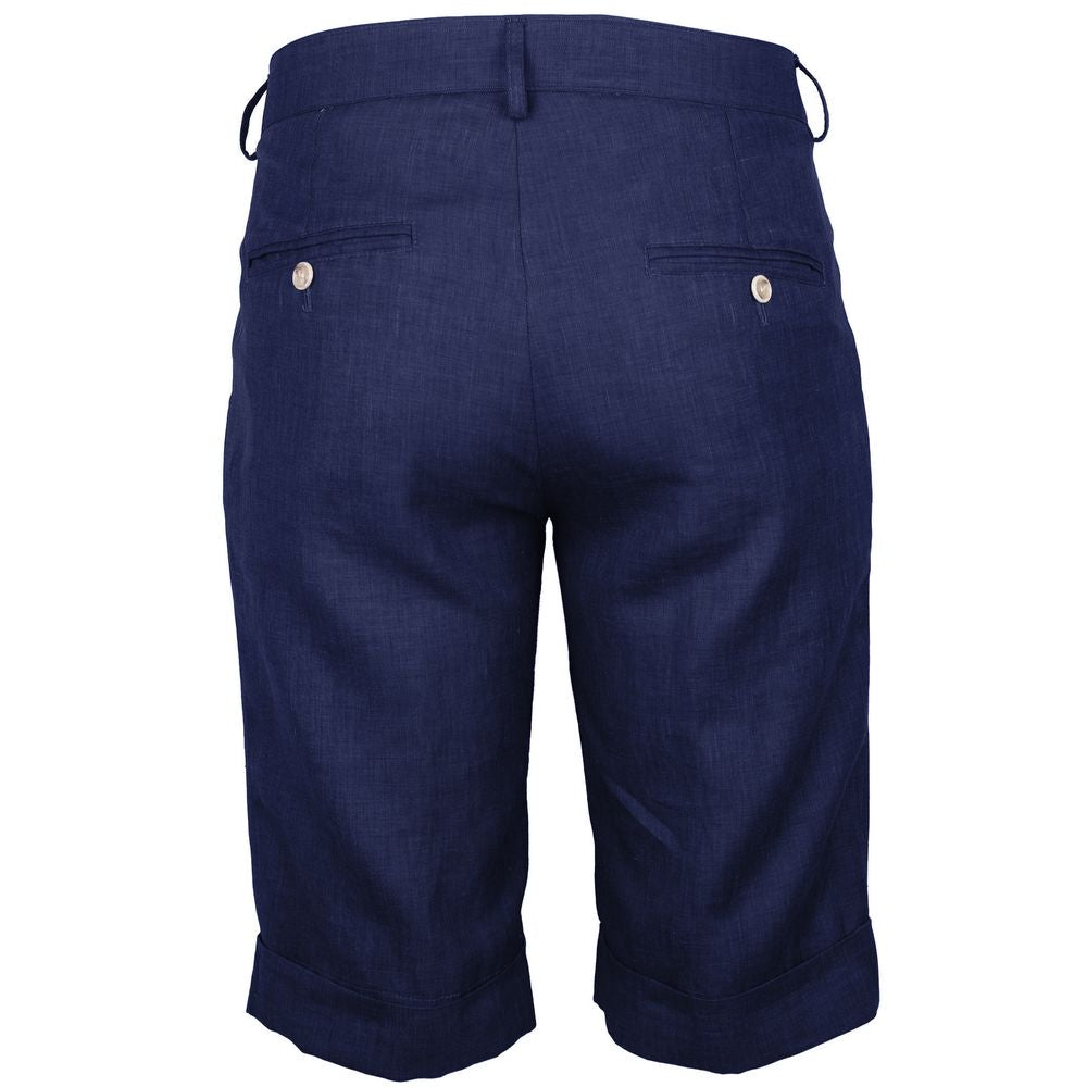 Made in Italy Blue Linen Short with wool blend, darts, pockets, button and zip fastening, back view.