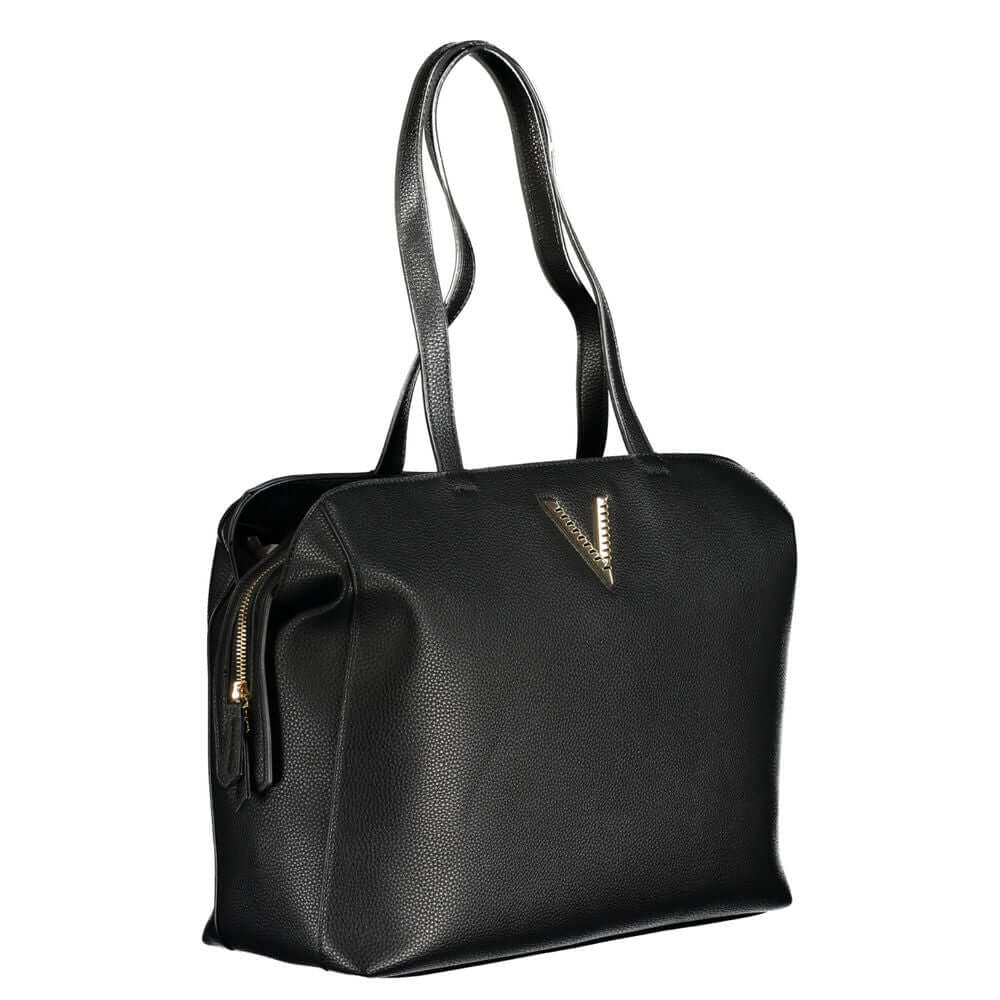 Mario Valentino Black Polyethylene Handbag with adjustable strap, external pocket, and logo, designed for modern convenience and style.