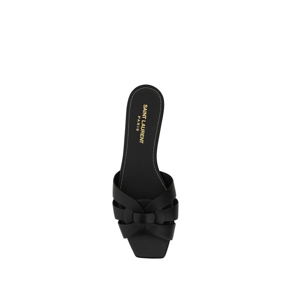 Saint Laurent Black Calf Leather Bos Taurus Sandals with braided design and open square toe, featuring press-studded logo insole.