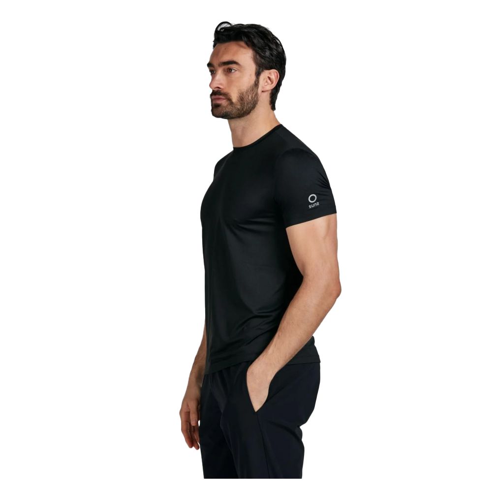 Suns Black Nylon T-Shirt with crew neck and shoulder logo, featuring stretch technical fabric for a sleek fit.