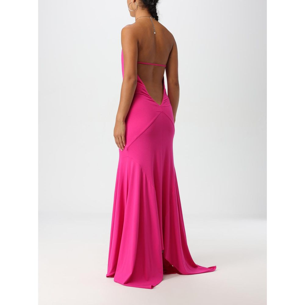 The Attico Fuchsia Jersey Cocktail Dress with halter neckline and fitted waist, ideal for evening events, shown from the back on a model.