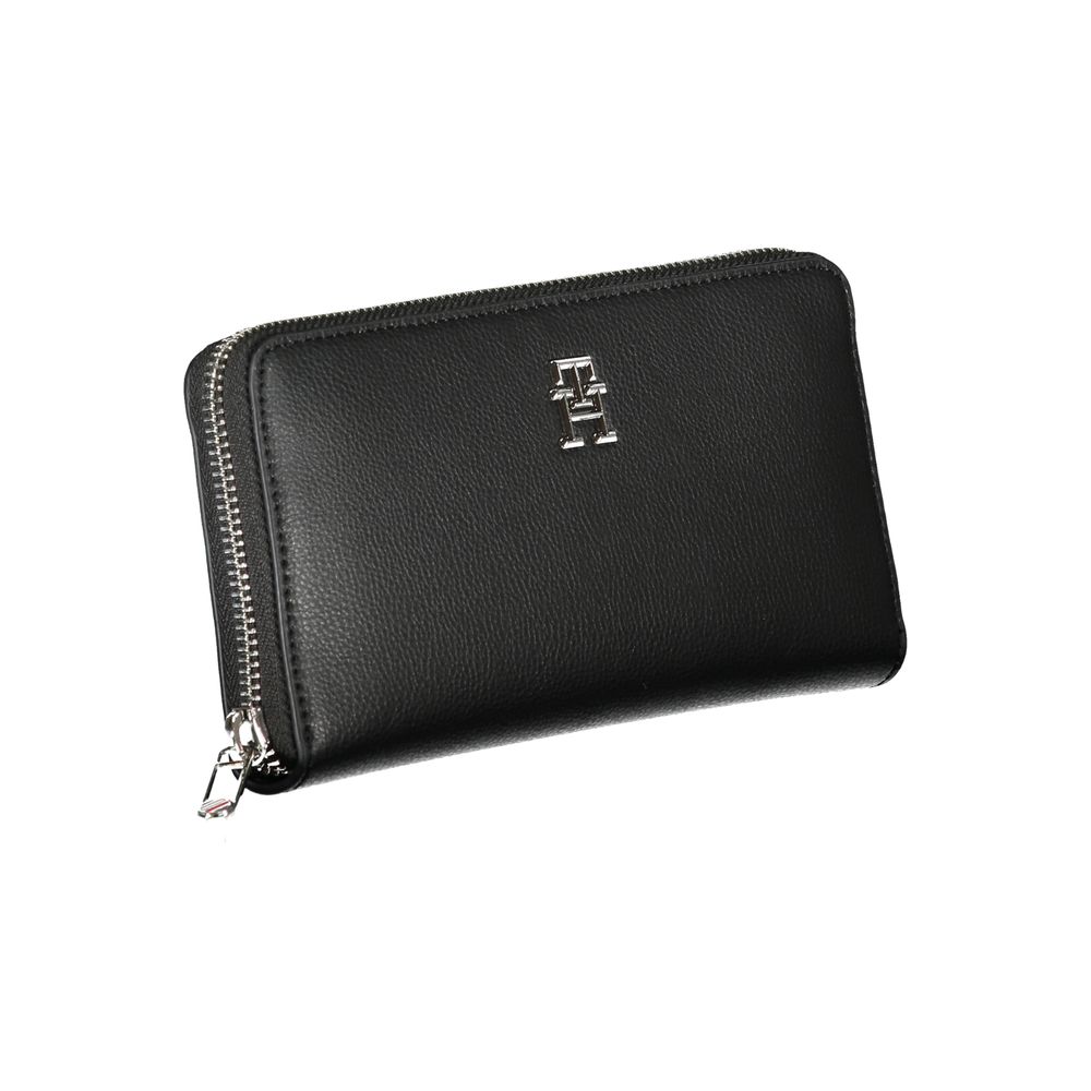 Tommy Hilfiger Black Polyester Wallet with zip closure and logo, featuring 5 compartments, coin purse, and card spaces.