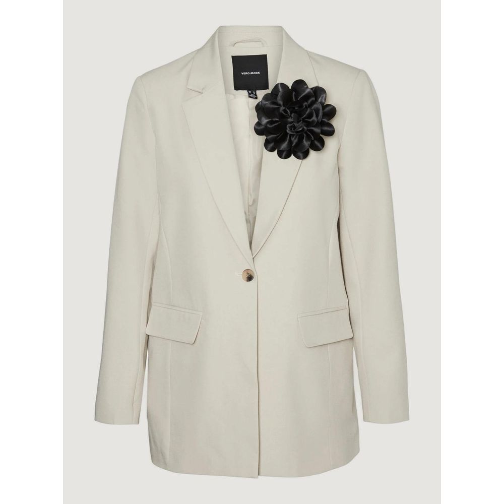 Vero Moda Beige Polyester Blazer with black floral detail, structured and elegant fit for contemporary style.