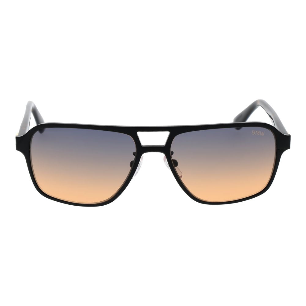 BMW black aviator sunglasses with blue gradient lenses, aluminum frame, and 100% UVA & UVB protection for men, includes branded case.