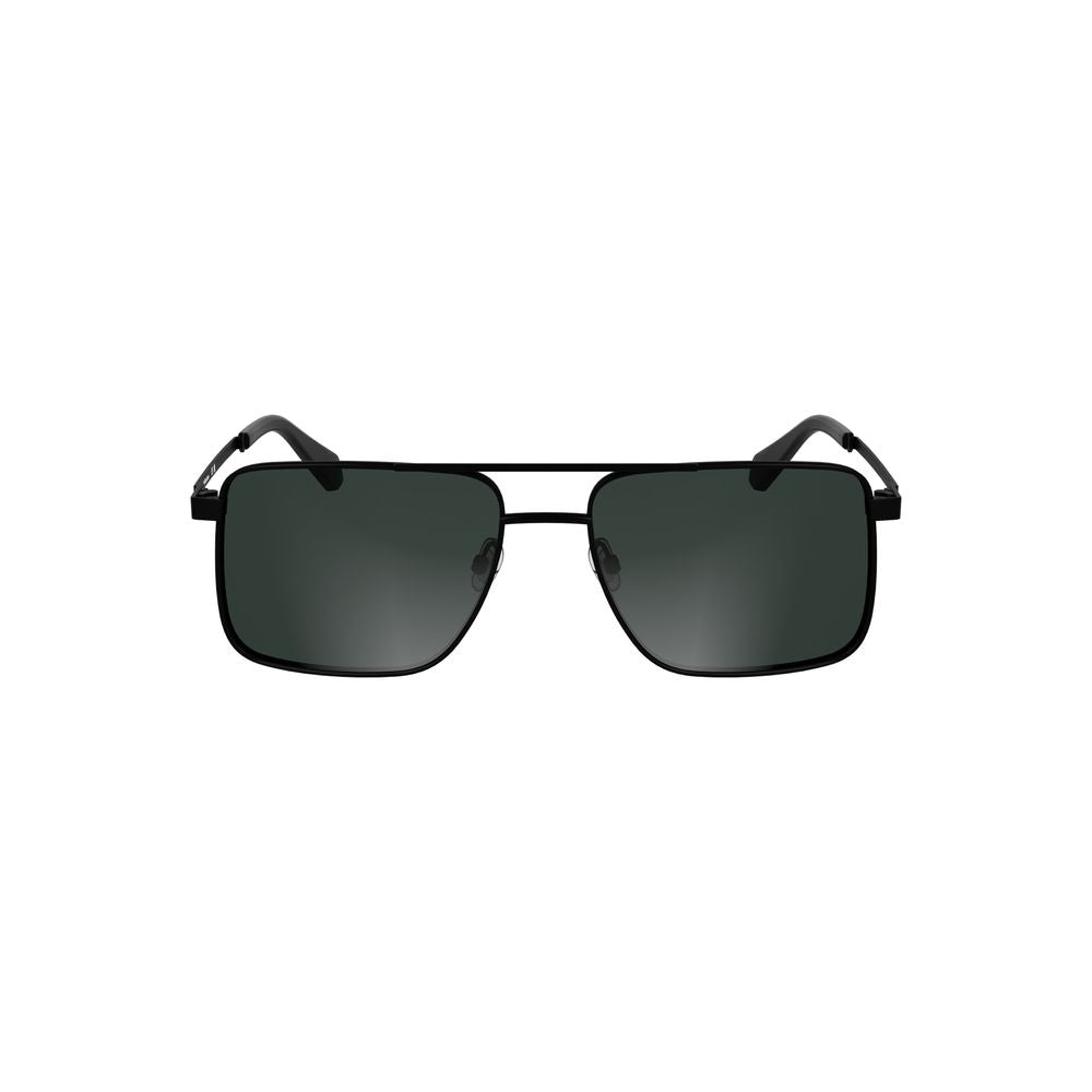 Calvin Klein black metal men's sunglasses with smoke lens and bold square frame, 58mm lens width.