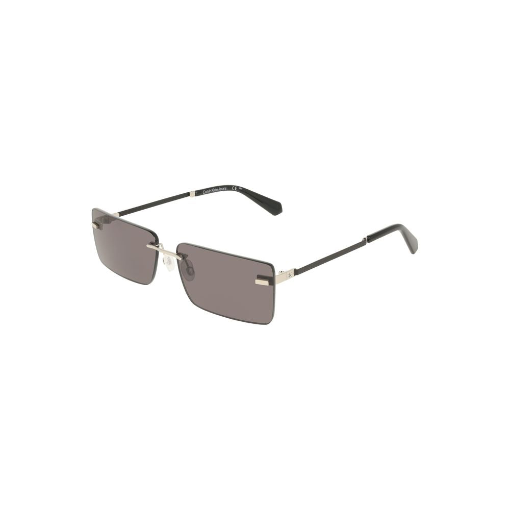 Calvin Klein women's black metal sunglasses with smoky rectangular lenses; chic fashion accessory for the bold and stylish.