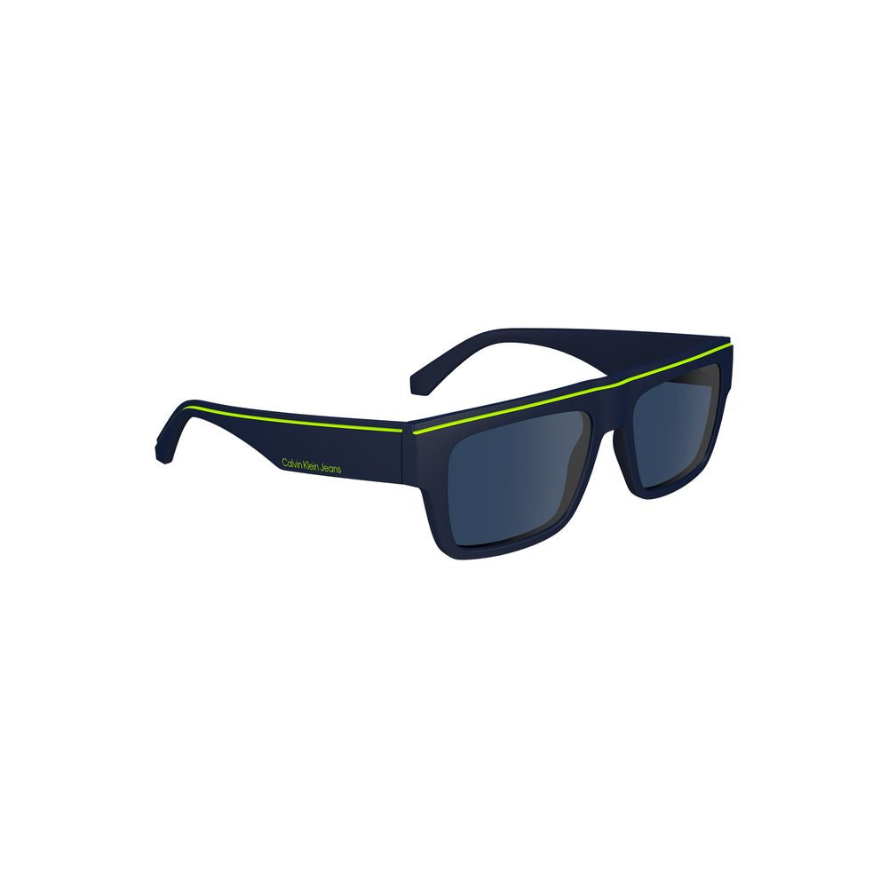 Calvin Klein blue rectangular men’s sunglasses with plastic frame and stylish contrast details for modern style and eye protection.