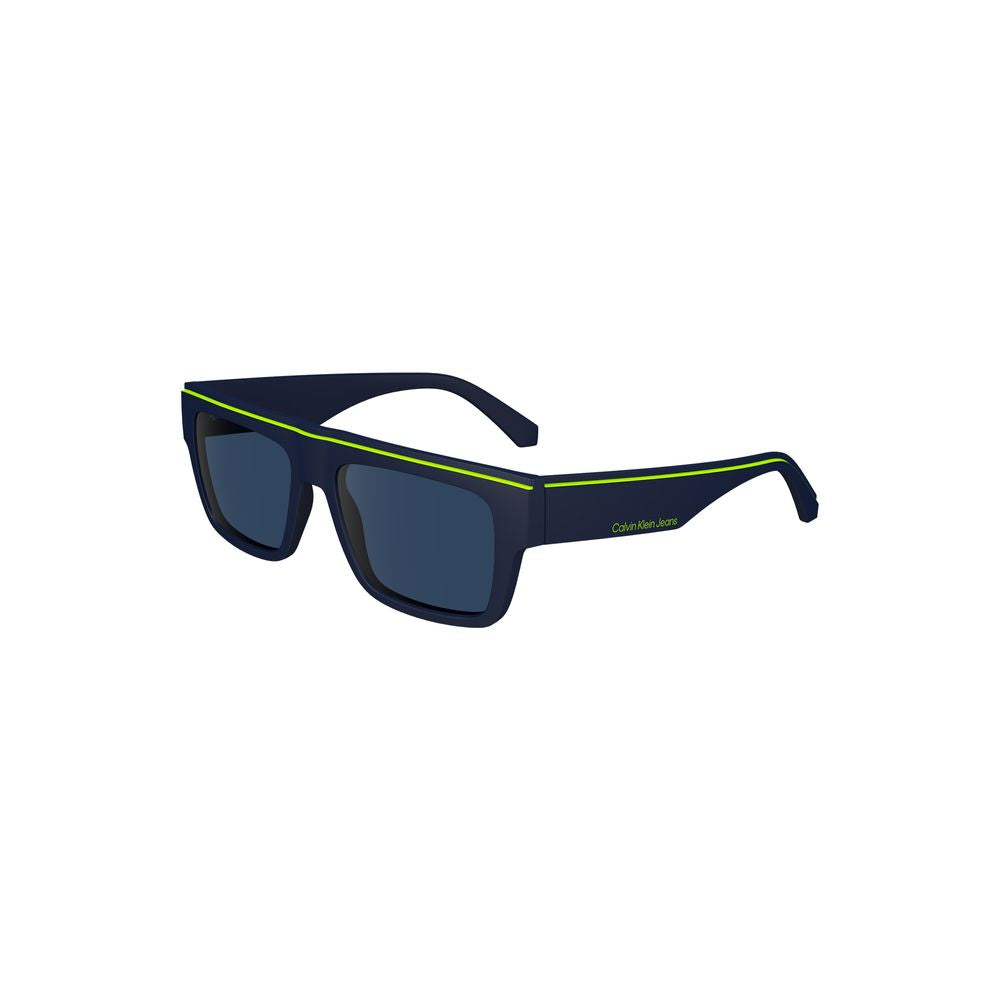 Calvin Klein blue plastic men's sunglasses with rectangular frame and blue lenses, ideal for stylish eye protection.