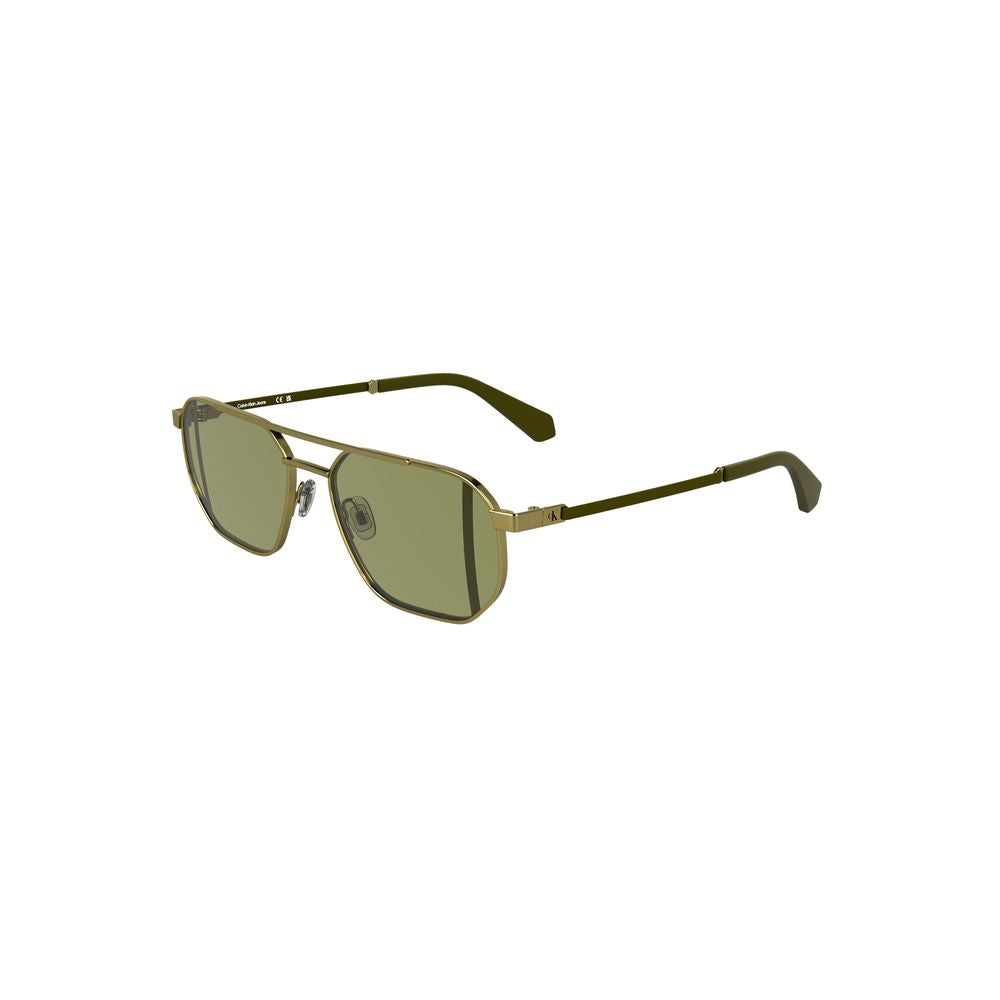 Calvin Klein gold metal men sunglasses with square green lenses, elegant design, and classic style for eye protection.