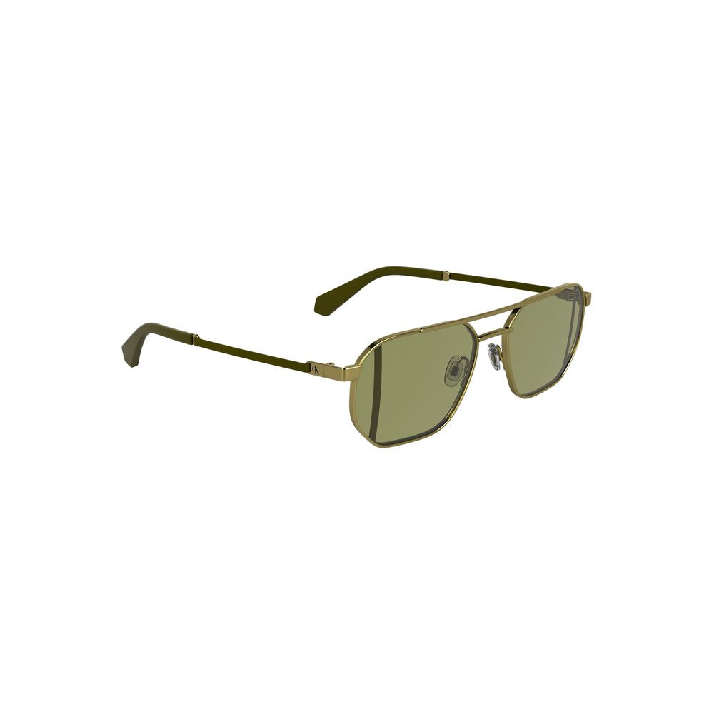 Calvin Klein men's gold metal sunglasses with green lenses and square frame for classic style and UV protection.