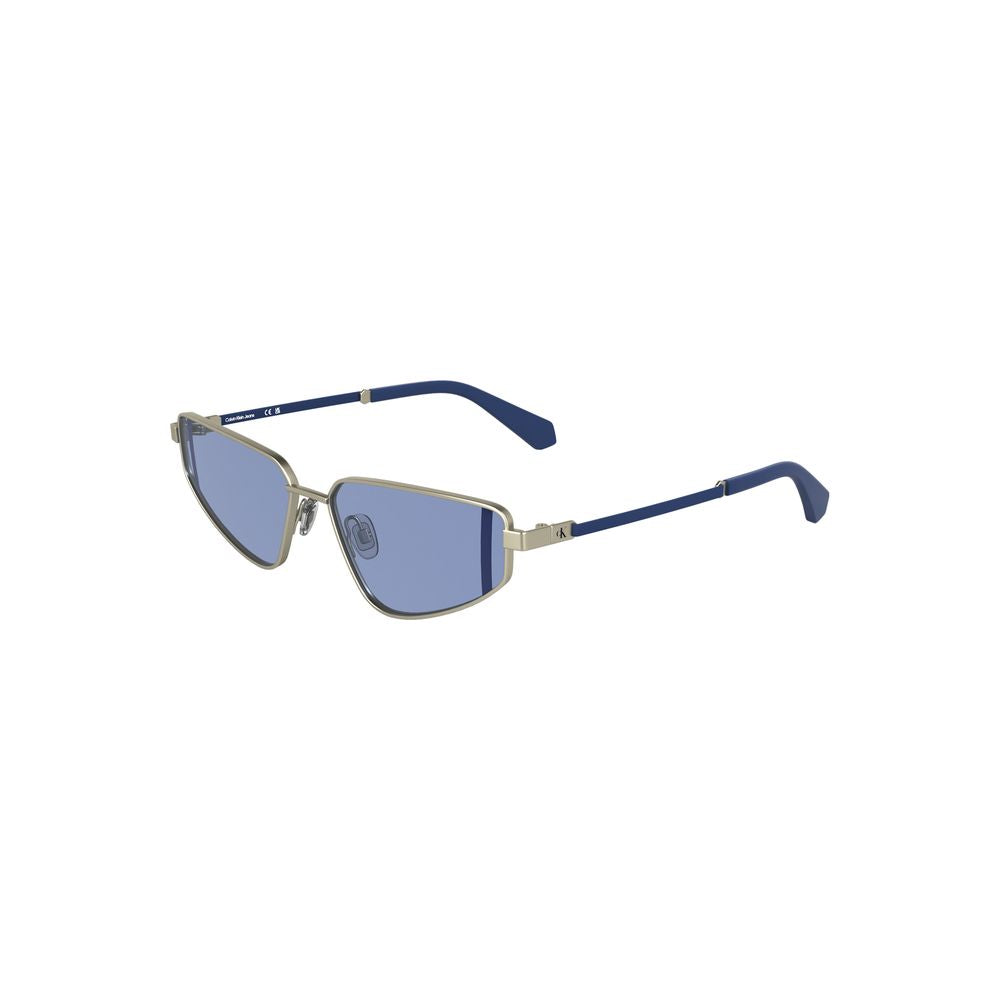 Calvin Klein women's sunglasses with gray metal frames and blue rectangular lenses, showcasing luxury and style for fashion-forward individuals.