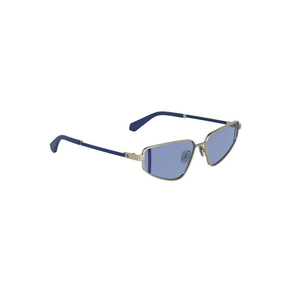 Calvin Klein gray metal women's sunglasses with blue rectangular lenses, showcasing luxury design and fashion-forward style.
